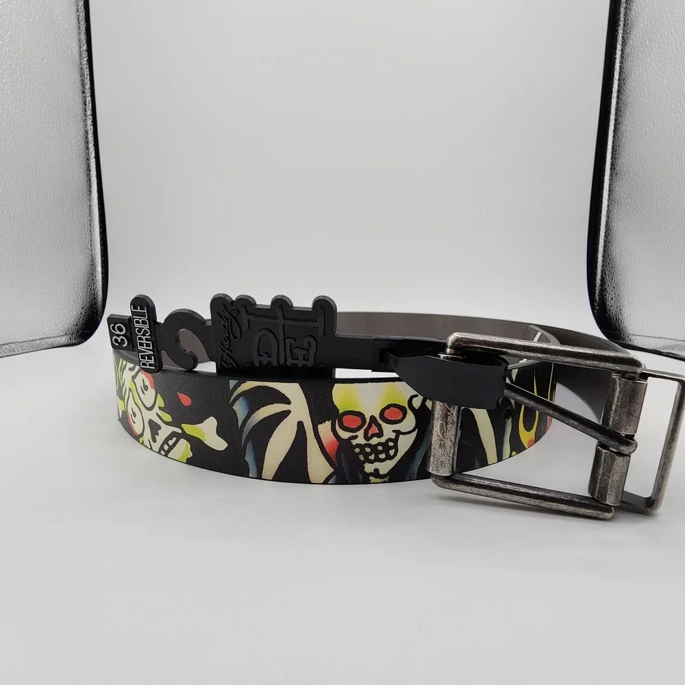 Ed Hardy Live to Ride Reversible Belt Mens Sz 36 Graphic‎ Print Metal Buckle NEW
